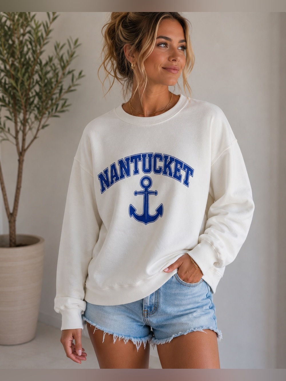 Nantucket Anchor Graphic Sweatshirt - White & Blue Large XL NEW